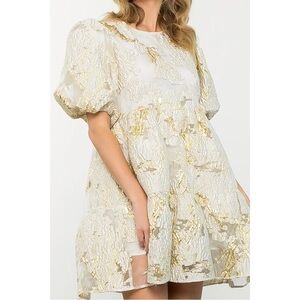 THML Metallic Gold and Cream Textured Puff Sleeve Dress